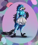  2017 ambiguous_gender anthro avian beak black_feathers blue_feathers claws clothed clothing corset digital_media_(artwork) dinosaur dromaeosaur feathered_wings feathers frown girly hoodie legwear lingerie phinja raptor red_eyes scalie simple_background skirt solo stockings theropod white_feathers wings 
