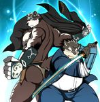  2017 anthro bearlovestiger13 canine clothed clothing dog fur headband hi_res horkeukamui loincloth male mammal melee_weapon moritaka multicolored_fur muscular muscular_male nipples overweight pecs scar simple_background slightly_chubby sword tokyo_afterschool_summoners weapon white_fur wolf 
