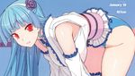  bent_over blue_hair flower hair_flower hair_ornament hairband himukai_kyousuke japanese_clothes long_hair looking_at_viewer obi red_eyes ring_dream sash solo wrestling_outfit yuki_onna_(ring_dream) 