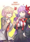  bb_(fate)_(all) bb_(fate/extra_ccc) clenched_hands commentary english fate/extra fate/extra_ccc fate/grand_order fate_(series) glasses hair_over_one_eye hand_on_own_chin highres mash_kyrielight multiple_girls necktie purple_eyes purple_hair ribbon sagta_panggang smug vs wavy_mouth 