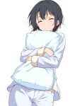  1girl absurdres alternate_costume black_hair blush closed_eyes commentary highres hololive hugging_object kishishi_(kishiman-ya) oozora_subaru pajamas pants pillow pillow_hug shirt short_hair smile solo virtual_youtuber white_background white_pajamas white_pants white_shirt 