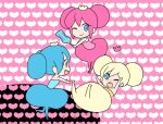  3girls beatmania_(series) blonde_hair blue_eyes blue_hair chibi crown dress full_body hair_bun happy harusame_(unmei_no_ikasumi) long_hair looking_at_viewer multiple_girls one_eye_closed open_mouth pink_hair smile smooooch 