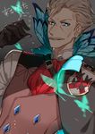  1boy blue_eyes butterfly cape fate/grand_order fate_(series) gloves grey_background grey_hair grin james_moriarty_(fate/grand_order) mustache open_mouth short_hair vest 