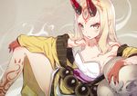  bare_shoulders blonde_hair breasts cleavage fang_out fate/grand_order fate_(series) horns ibaraki_douji_(fate/grand_order) long_hair looking_at_viewer nilitsu oni parted_lips pointy_ears sitting small_breasts solo tattoo yellow_eyes 