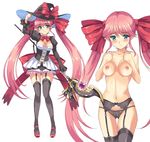 adjusting_clothes adjusting_hat aqua_eyes bare_shoulders black_legwear black_panties blush bow breasts cleavage elf garter_straps hair_bow hat hat_bow holding holding_staff long_hair looking_at_viewer medium_breasts midriff navel panties pink_bow pink_footwear pink_hair pointy_ears rasahan sennen_sensou_aigis shoes skirt solo staff standing thighhighs twintails underwear very_long_hair white_skirt witch_hat yuyu_(sennen_sensou_aigis) 