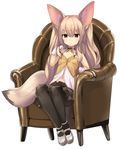  animal_ears black_eyes black_legwear breasts brown_hair cleavage commentary_request fox_ears fox_tail gloves haik highres long_hair looking_at_viewer navel original pantyhose skirt small_breasts solo tail white_gloves 