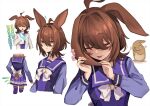 1girl ? agnes_tachyon_(umamusume) ahoge alternate_ears alternate_tail animal_ears beaker brown_hair chemical_structure earrings floppy_ears hair_between_eyes horseshoe_ornament jewelry kaho_(ramb) lab_coat looking_at_viewer medium_hair necktie rabbit rabbit_ears rabbit_girl rabbit_tail red_eyes ribbon school_uniform short_necktie single_earring solo speech_bubble spoken_question_mark sweatdrop tail tongue tongue_out tracen_school_uniform umamusume white_ribbon 