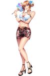  artist_request bangs bare_shoulders belt blue_eyes bracelet breasts brown_hair cleavage collar collarbone crossed_arms fan floral_print flower full_body gang_of_heaven hair_flower hair_ornament high_heels holding jewelry large_breasts lips looking_at_viewer makeup midriff miniskirt mole mole_under_eye navel official_art open_toe_shoes shoes skirt sleeveless smile solo standing tank_top transparent_background 