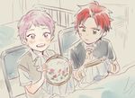  bandaid child commentary_request embroidery embroidery_hoop ensemble_stars! frilled_neckwear green_eyes itsuki_shu jolaeng-i kiryuu_kurou korean male_focus multicolored_hair multiple_boys muted_color needle pink_hair purple_eyes red_hair sewing_needle sitting sketch smile sweater_vest younger 