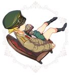  blonde_hair boots bow brown_eyes chair erwin_(girls_und_panzer) full_body girls_und_panzer goggles goggles_on_headwear green_skirt hat hat_over_one_eye highres ikomochi jacket long_sleeves looking_at_viewer military military_uniform ooarai_school_uniform peaked_cap pleated_skirt school_uniform serafuku shiny shiny_clothes short_hair sitting skirt smile solo uniform 