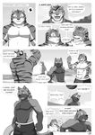  anthro beverage blackmailz collar comic dialogue english_text eye_patch eyewear feline food fur gray_(character) hector hi_res isaac_(blackmailz) ivan_(blackmailz) laugh male mammal sad scar text 