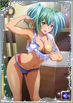 1girl bare_legs bra breasts card_(medium) curvy female green_eyes green_hair gym_clothes ikkitousen large_breasts looking_at_viewer panties ryofu_housen shiny_skin twintails underwear 