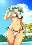  1girl bikini breasts curvy female green_eyes green_hair ikkitousen large_breasts looking_at_viewer ryofu_housen shiny_skin sky smile swimsuit twintails walking water 