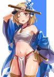  ;d arm_up armpit_peek bare_shoulders blonde_hair blush bow bracer breasts brown_eyes budget_sarashi checkered checkered_bow collarbone commentary_request cowboy_shot djeeta_(granblue_fantasy) drum_master_(granblue_fantasy) drumsticks granblue_fantasy hachimaki hair_bow hand_on_hip happi headband japanese_clothes jewelry loincloth long_sleeves looking_at_viewer medium_breasts midriff navel necklace nejiri_hachimaki off_shoulder one_eye_closed open_clothes open_mouth pendant sarashi shiny shiny_skin short_hair smile solo standing stomach sweat tareme thigh_strap thighs two-tone_background wide_sleeves yuzuki_karu 