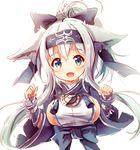  ainu_clothes animal_ears bandana blue_eyes dog_ears headband kamoi_(kantai_collection) kantai_collection long_hair looking_at_viewer open_mouth sidelocks simple_background smile solo sorairo_len upper_body white_background white_hair wrist_guards 