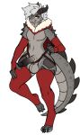 alternative_fashion animal_genitalia anthro armwear balls black_eyelids bottom_heavy cape claws clothing costume deathclaw elbow_gloves eyebrow_piercing eyelids facial_piercing fallout femboy genitals gevaudan_(good4life4ever) gloves grey_body hair handwear horn legwear looking_at_viewer male microsoft navel penis piercing punk punk_hair red_clothing red_legwear red_thigh_highs ring santa_costume sassy scales scalie sheath solo straps tail thericegoat thick_thighs thigh_highs tongue tongue_out tongue_piercing white_hair wide_hips yellow_eyes