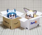  amazon_(company) animal_ears blonde_hair bow bowtie box brand_name_imitation cardboard_box commentary common_raccoon_(kemono_friends) fang fedex fennec_(kemono_friends) fox_ears kemono_friends multicolored_hair multiple_girls muumin_(muumin_craft) open_mouth papercraft parody photo raccoon_ears short_hair smile 