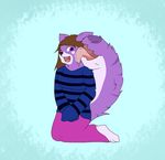 2017 anthro breasts clothed clothing digital_media_(artwork) female fur hair mammal open_mouth purple_fur red_panda simple_background smile tail_mouth teeth tongue tongue_out white_fur 