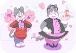  2017 anthro beverage blush cat clothed clothing collar crossdressing digital_drawing_(artwork) digital_media_(artwork) dress feline fur grey_fur hi_res hypnosis intoxicat2 liquid maid_uniform male mammal mind_control open_mouth overweight overweight_male pink_eyes plate ribbons sequence simple_background smile solo sweat sweater tail_bow tail_ribbon toxi transformation uniform weight_gain white_fur 