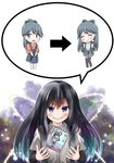  asashio_(kantai_collection) asashio_(kantai_collection)_(cosplay) black_hair blue_eyes closed_eyes comiching commentary_request cosplay directional_arrow evil_grin evil_smile grin hakama_skirt high_ponytail highres houshou_(kantai_collection) kantai_collection long_hair manga_(object) multiple_girls open_mouth school_uniform smile suspenders 