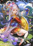  anklet barefoot collaboration commentary_request fan feet forehead_jewel hair_ornament headdress japanese_clothes jewelry kimono lily_pad long_hair nature official_art original petals short_kimono soles solo water white_hair xiaji yang_yang_(tigu) 