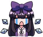  1girl absurdres black_ribbon bow closed_eyes collared_shirt commentary commission cookie_(touhou) crying detached_wings english_commentary hair_bow highres hime_cut ice ice_wings jacket long_hair meme mogemochi neck_ribbon open_clothes open_jacket open_mouth purple_bow purple_jacket ribbon shirt shunga_youkyu simple_background solo star_sapphire streaming_tears tears touhou uohhhhhhhhh!_(meme) upper_body white_background white_shirt wings 