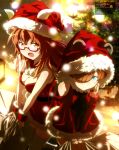  2girls absurdres blue_eyes breasts brown_eyes brown_hair christmas christmas_tree cleavage clothing_cutout dress from_above fur-trimmed_dress fur_trim hair_over_one_eye highres joanna_elizabeth_stafford kawata_kazuki long_hair looking_at_viewer looking_up luminous_witches magazine_scan mc_axis medium_breasts multiple_girls official_art open_mouth red-framed_eyewear red_dress santa_dress scan short_dress short_hair shoulder_cutout smile strapless strapless_dress sylvie_cariello thighhighs white_thighhighs world_witches_series 
