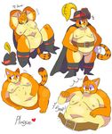 ! &lt;3 ... 2017 anthro belly belt big_belly boots cape cat cleanplague clothed clothing digital_drawing_(artwork) digital_media_(artwork) dreamworks english_text feathers feline footwear fur hat hi_res male mammal melee_weapon multicolored_fur multiple_images nipples nude obese open_mouth orange_fur overweight puss_in_boots simple_background solo spanish_text sweat sword text translated weapon whiskers white_background 