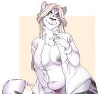  anthro big_breasts breasts clothed clothing feline female looking_at_viewer mammal nipples open_shirt redpixie slightly_chubby smile solo standing underwear 