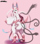  2017 absurd_res anthro anthrofied areola big_breasts big_butt blue_eyes breasts butt eeveelution fangs female hand_on_hip hi_res huge_breasts licking licking_lips lips looking_at_viewer looking_back nintendo nipple_piercing nipples piercing plankboy pok&eacute;mon pok&eacute;morph slit_pupils solo sylveon tongue tongue_out video_games 
