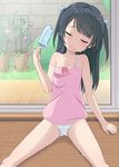  arm_support bare_legs black_hair camisole closed_eyes commentary_request flat_chest flower food grass hair_ribbon head_tilt holding hot indoors kimagure_blue legs long_hair open_mouth original panties pink_shirt polka_dot polka_dot_panties popsicle ribbon shirt sitting sliding_doors solo spread_legs strap_slip sweat thighs two_side_up underwear white_panties window wooden_floor 