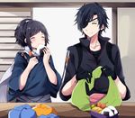  ^_^ black_gloves black_hair closed_eyes eating eyepatch food gloves jacket japanese_clothes male_focus mole mole_under_eye multiple_boys obentou onigiri ponytail scarf shokudaikiri_mitsutada smile tako-san_wiener touken_ranbu track_jacket uguisu_mochi_(ykss35) yamato-no-kami_yasusada 