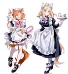  2girls alternate_costume animal_ears apron black_footwear blonde_hair bow bowtie clothes_lift full_body hand_up highres holding holding_board holding_plate horse_ears horse_girl horse_tail long_skirt long_sleeves looking_at_viewer maid maid_apron maid_headdress medium_hair miniskirt multiple_girls narita_top_road_(umamusume) one_eye_closed open_mouth orange_eyes orange_hair plate purple_eyes short_hair short_sleeves simple_background skirt skirt_lift standing t.m._opera_o_(umamusume) tail thighhighs umamusume unconventional_maid white_apron white_background white_thighhighs white_wrist_cuffs wrist_cuffs zizzu 