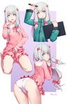  :q ass barefoot blush bow eromanga_sensei green_eyes hair_bow highres izumi_sagiri jacket long_hair long_legs looking_at_viewer looking_back mool_yueguang open_mouth pajamas panties pink_bow silver_hair smile stylus tablet tongue tongue_out underwear white_panties zipper 