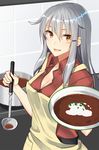  apron belt black_belt borscht_(food) bowel breasts cleavage commentary_request cooking food gangut_(kantai_collection) hair_between_eyes hair_flaps hair_ornament hairclip highres kantai_collection kitchen ladle large_breasts long_hair looking_at_viewer open_clothes open_mouth open_shirt orange_eyes pallad pot red_shirt scar shiny shiny_hair shirt silver_hair solo tile_wall tiles 