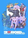  1girl android backpack bag ball_(gundam) bare_shoulders beam_rifle black_jacket blue_background clothes_hanger dress energy_gun english_text full_body grey_bag grey_dress gundam jacket joints looking_at_viewer mecha mobile_suit mobile_suit_gundam monitor nakayama_tooru on_chair portrait print_thighhighs robot robot_girl robot_joints rx-78-2 science_fiction shield short_hair single_thighhigh sitting sleeveless sleeveless_dress solo thighhighs v-fin weapon white_hair white_thighhighs yellow_eyes 