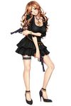  bangs black_dress blush bracelet breasts brown_eyes brown_hair cleavage dress dual_wielding full_body gang_of_heaven gun handgun high_heels holding holding_weapon jewelry large_breasts long_hair looking_at_viewer masami_chie official_art parted_lips pendant revolver short_dress solo standing taut_clothes thigh_strap transparent_background weapon 