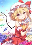  blonde_hair blush clown_222 crystal fang flandre_scarlet flower hand_on_another's_face hat holding_hands long_hair multiple_girls open_mouth outdoors red_eyes remilia_scarlet shirt siblings side_ponytail sisters skirt sleeveless sleeveless_shirt smile solo_focus touhou wind wind_lift wings 