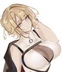  1girl black_jacket blonde_hair breasts chest_harness cleavage closed_mouth collared_shirt commentary english_commentary evelyn_chevalier hair_bun hand_on_own_head harness highres jacket large_breasts looking_to_the_side purple_eyes s7nsles see-through_cleavage see-through_clothes shirt simple_background sleeveless sleeveless_shirt solo upper_body white_background white_shirt zenless_zone_zero 