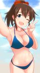  abs armpits bikini blue_bikini blue_eyes breasts brown_hair cleavage commentary_request cowboy_shot hair_ribbon highres idolmaster idolmaster_million_live! large_breasts looking_at_viewer minato_kazumi navel one_eye_closed ponytail pov reaching_out red_ribbon ribbon satake_minako self_shot solo swimsuit v 