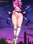  1girl anus bottomless from_below league_of_legends looking_at_viewer looking_back luxanna_crownguard no_panties poppytart presenting pussy solo spread_ass star_guardian_lux uncensored upskirt 