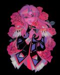  1girl arm_behind_back artist_name black_background black_jacket closed_mouth commentary english_commentary flower hair_between_eyes highres holding holding_flower jacket long_hair nolvini pink_flower pink_hair pink_rose purple_eyes red_flower red_rose rose shoujo_kakumei_utena smile solo tenjou_utena white_wrist_cuffs wrist_cuffs 