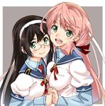  akashi_(kantai_collection) black_hair blush breasts commentary_request glasses green_hair hairband headband holding_hands interlocked_fingers kantai_collection long_hair medium_breasts multiple_girls ooyodo_(kantai_collection) open_mouth pink_hair round_teeth school_uniform serafuku shinozuka_atsuto simple_background sleeve_cuffs teeth upper_teeth 