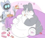  &lt;3 2017 anthro belly big_belly blue_background blue_eyes blush bow_tie cake cat cookie digital_drawing_(artwork) digital_media_(artwork) eating feline food fur grey_fur hindpaw intoxicat2 machine male mammal nintendo nintendo_ds nude obese overweight overweight_male pawpads paws pink_pawpads plate robot simple_background sitting sofa solo thick_thighs toxi video_games weight_gain white_fur 