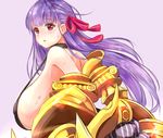  bad_id bad_pixiv_id bare_back bare_shoulders belt_collar bodysuit bow breasts claws fate/grand_order fate_(series) gigantic_breasts hair_bow hair_ribbon highres long_hair passion_lip purple_hair ribbon sideboob solo yeyebirdie 