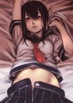  bed_sheet belly_peek black_eyes black_hair blush breasts commentary_request fubuki_(kantai_collection) groin highres indoors kantai_collection looking_at_viewer lying midriff navel on_back open_clothes open_fly open_skirt parted_lips pleated_skirt realistic school_uniform serafuku sheet_grab short_sleeves skirt sleeve_cuffs small_breasts solo unbuttoned unzipped yunoji_(makuswel) 