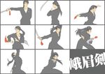  black_eyes black_hair fighting_stance guan_cai-he jacket kanji looking_at_viewer looking_to_the_side nappii_(nappy_happy) nappy_happy original pant_suit ponytail sequential simple_background sword white_background 