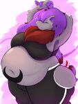 absurd_res anthro belly belly_tattoo big_belly biped bodily_fluids bottomwear bra bulge clothing eyes_closed fan_character front_view fur generation_5_pokemon grey_body grey_fur gynomorph hair hi_res intersex mcerror navel nintendo obese obese_anthro obese_gynomorph obese_intersex overweight overweight_anthro overweight_gynomorph overweight_intersex pants pokeball pokemon pokemon_(species) premier_ball purple_hair solo sports_bra stretch_marks stretching sweat tattoo thick_thighs underwear wide_hips yoga_pants zor_(nya4) zoroark