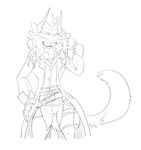  bottomless chaps charr clothed clothing feline female guild_wars halbean hat_over_eyes hidden_eyes mammal monochrome partially_clothed purna_whitewillow pussy simple_background smile solo standing trenchcoat video_games 