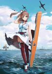  absurdres aircraft airplane belt blonde_hair blue_eyes blue_sky breast_pocket breasts brown_hair cloud cloudy_sky day dress f2h_banshee flight_deck full_body highres iowa_(kantai_collection) kantai_collection large_breasts long_hair looking_at_viewer multiple_girls neckerchief outdoors pocket ponytail red_legwear red_neckwear saratoga_(kantai_collection) side_ponytail sky smile solo_focus thighhighs treeware walking walking_on_liquid water white_dress wind wind_lift 